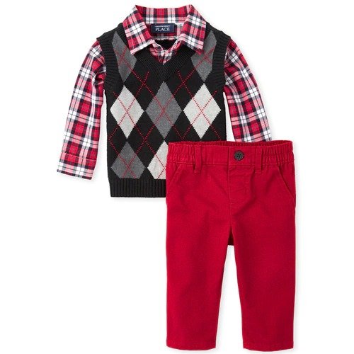 Baby Boys Argyle 2 In 1 Sweater Top And Pull On Chino Pants Set