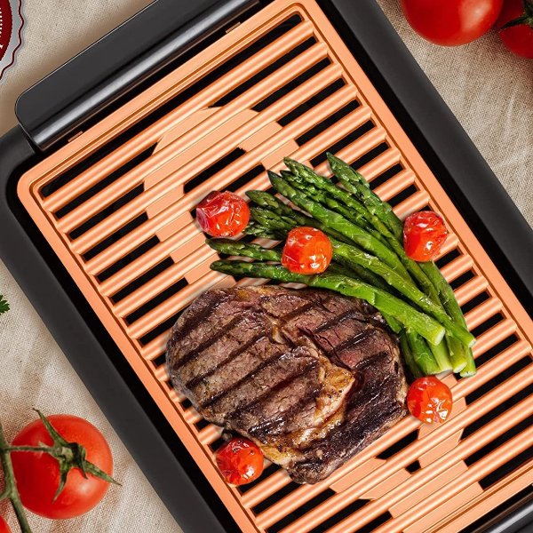Electric Indoor Grill with 15x10 Inch Non-Stick Cooking Surface, 1200W Fast Heat Up Power, Adjustable Temperature, Removable and Dishwasher Safe Grilling Plate and Drip Tray, Copper GD1510NLCO