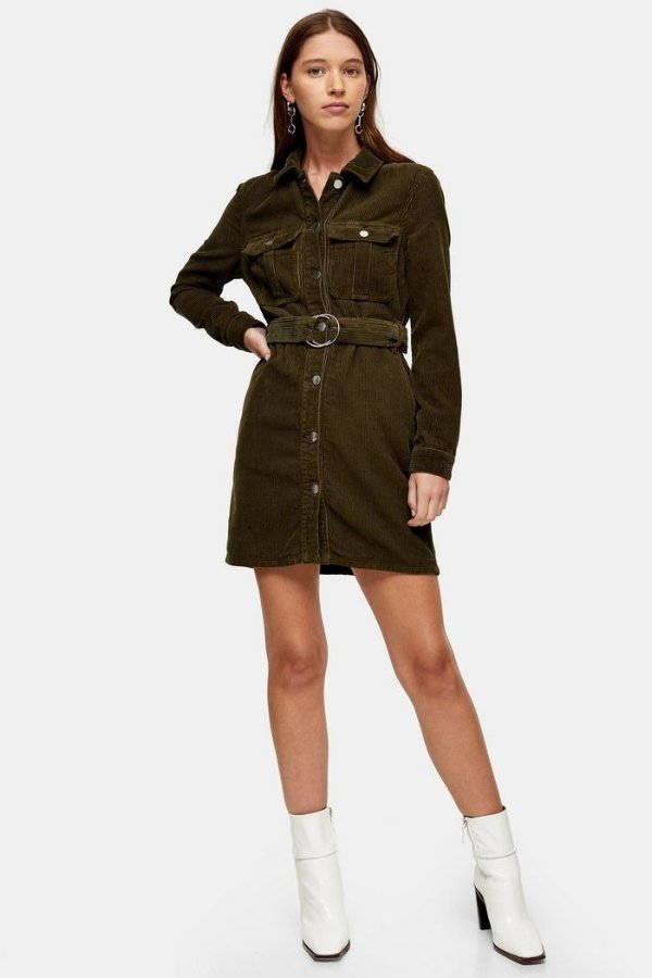 CONSIDERED Khaki Long Sleeve Corduroy Belted Dress With Recycled Cotton