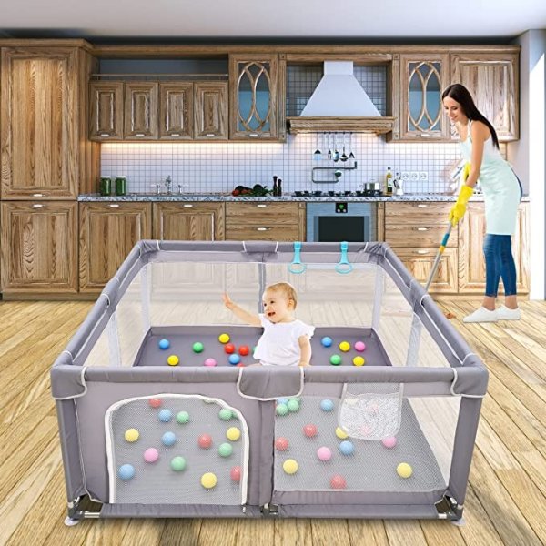 Baby Playpen , Large Baby Playard, Playpen for Babies with Gate Indoor & Outdoor Kids Activity Center , Sturdy Safety Play Yard with Soft Breathable Mesh