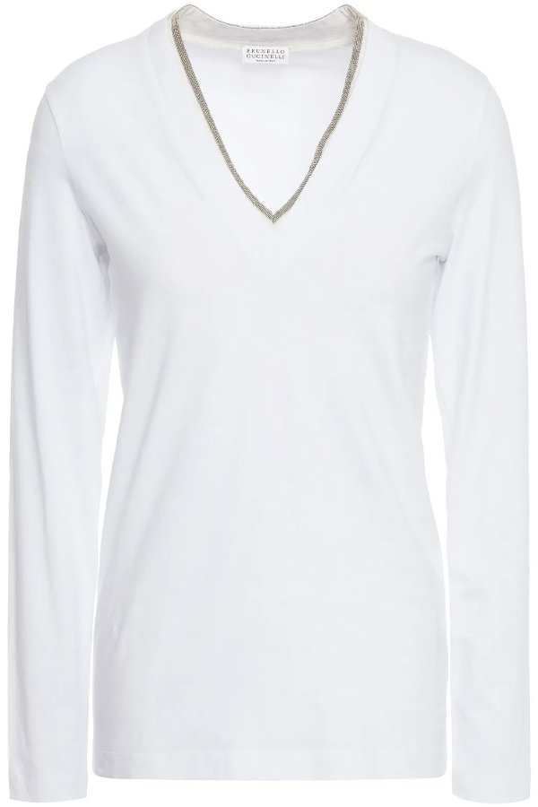 Bead-embellished cotton-blend jersey top