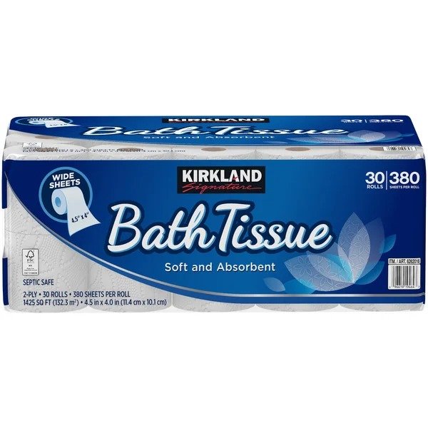Kirkland Signature Bath Tissue, 2-Ply, 4.5" x 4", 380 Sheets, 30 ct