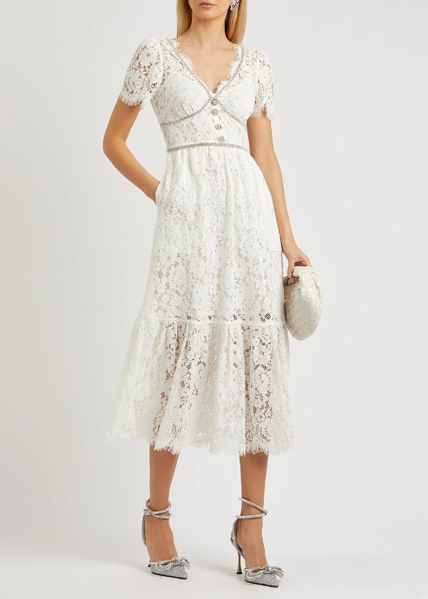 Ivory embellished guipure lace midi dress