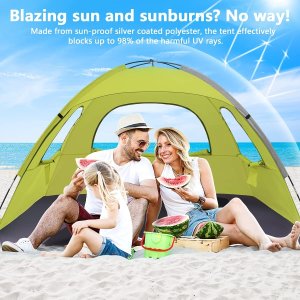 NXONE Beach Tent Sun Shade Shelter for 2-3 Person with UV Protection, Extended Floor, 3 Mesh Roll Up Windows & 8.0mm Fiberglass Rods丨Carry Bag, Stakes, Guy Lines Included (Pickled Pepper)