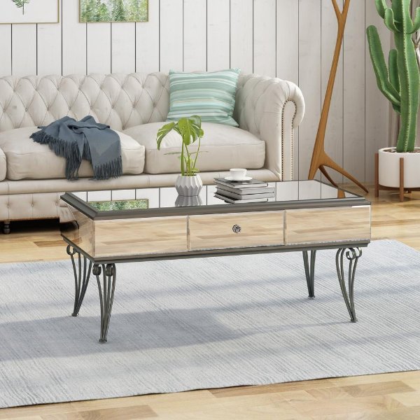 Belvidere Modern Mirrored Coffee Table with Drawer with Black Iron Frame