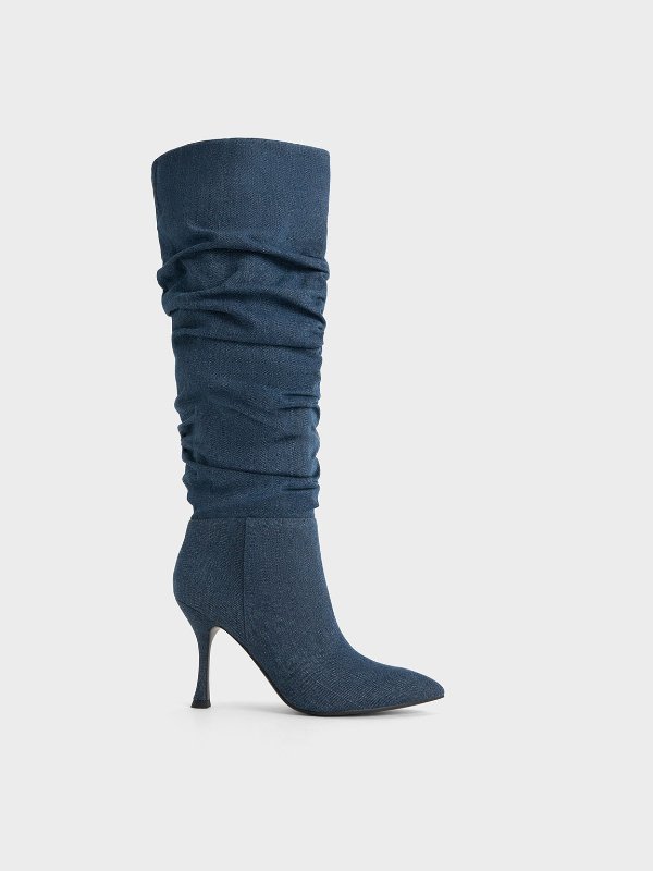 Aster Denim Ruched Knee-High Boots - Blue