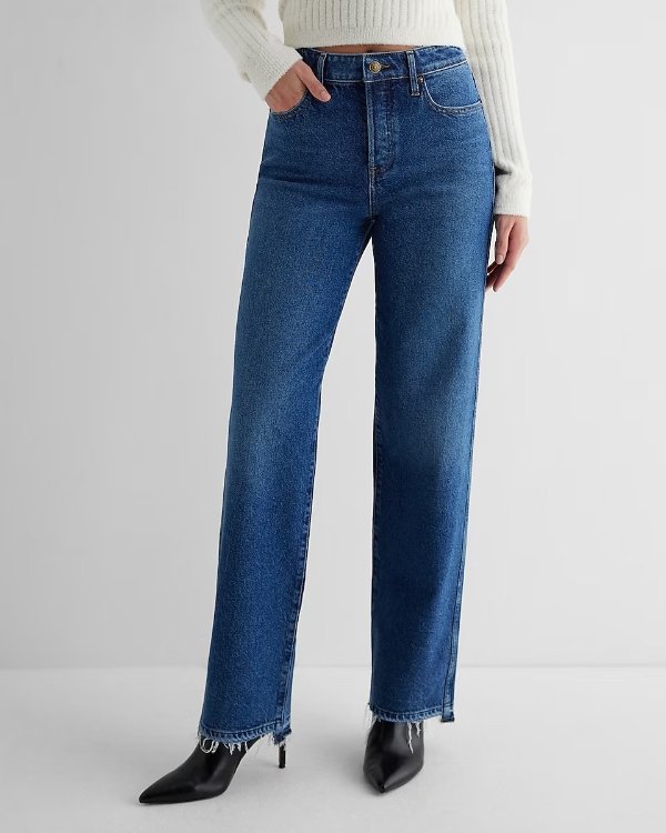 High Waisted Medium Wash Distressed Hem Relaxed Straight Jeans