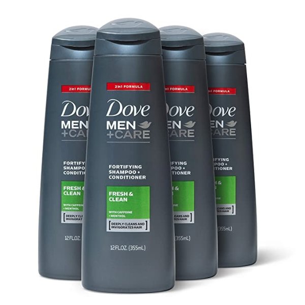 Men+Care Fortifying 2 in 1 Shampoo and Conditioner for Normal to Oily Hair Fresh and Clean with Caffeine Helps Strengthen Thinning Hair 12 oz, 4 Count