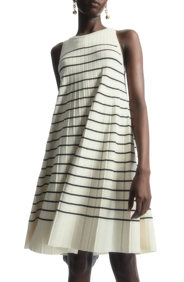 Stripe Pleated Knit A-Line Dress