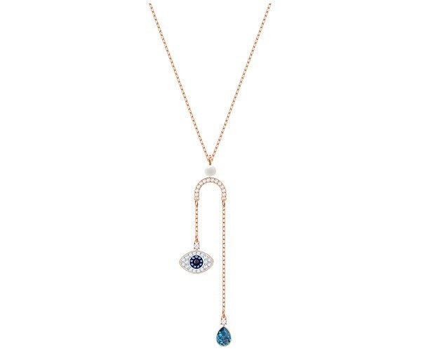 Duo Evil Eye Y Necklace, Multi-colored, Rose gold plating