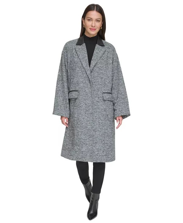 Women's Faux-Leather Trim Long-Sleeve Trench Coat