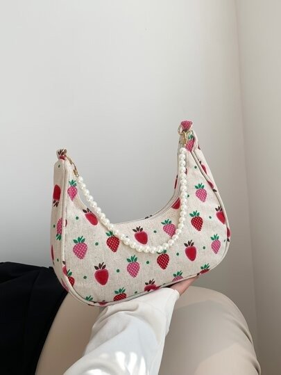 Strawberry Pattern Faux Pearl Decor Hobo Bag