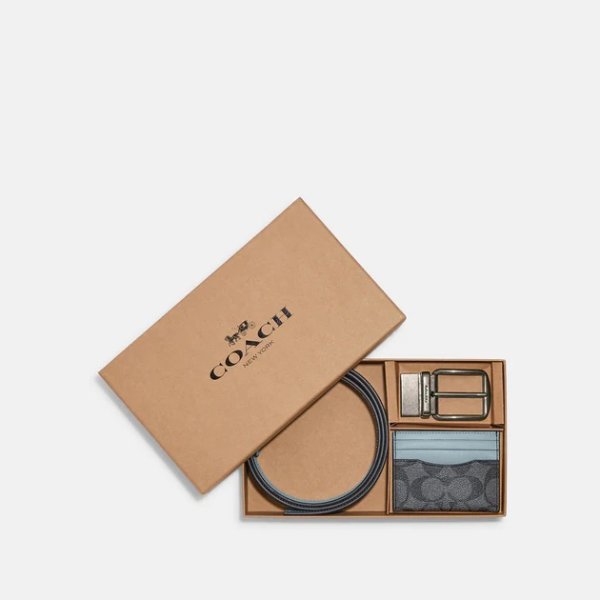 Boxed Card Case And Belt Gift Set In Colorblock Signature Canvas