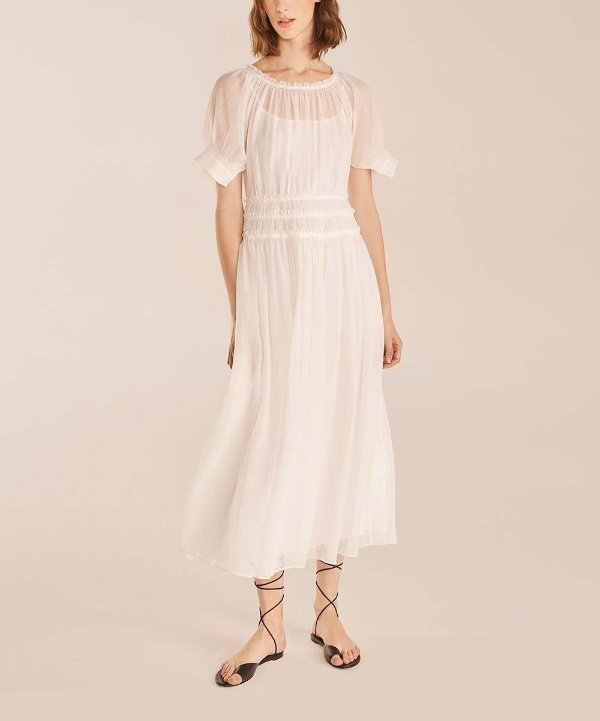 White Pleated Puff-Sleeve Dress - Women