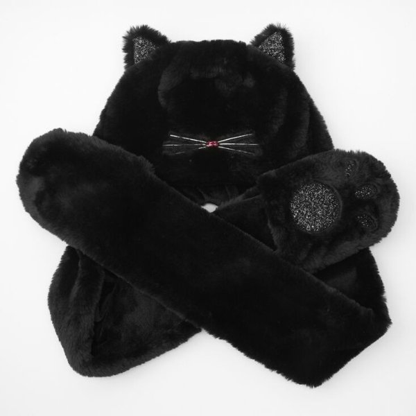 Faux Fur Hooded Cat Scarf - Black