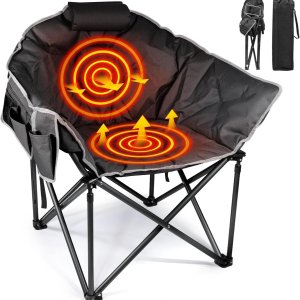 Suteck Heated Camping Chair, Oversized Heated Chairs Outdoor Sports W/3 Heat Levels for Back & Seat, Portable Folding Heated Lawn Chairs for Patio Outdoor Travel, (Battery NOT Included)