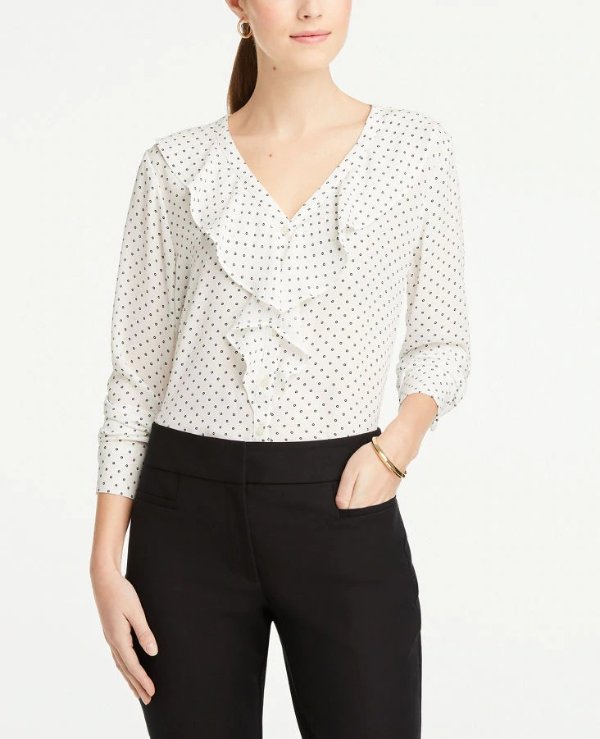Dotted Ruffle V-Neck Blouse