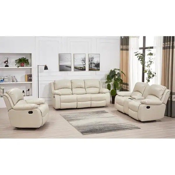 Betsy Furniture 3 Piece Bonded Leather Reclining Living Room Set, Sofa, Loveseat and Glider Chair - Beige