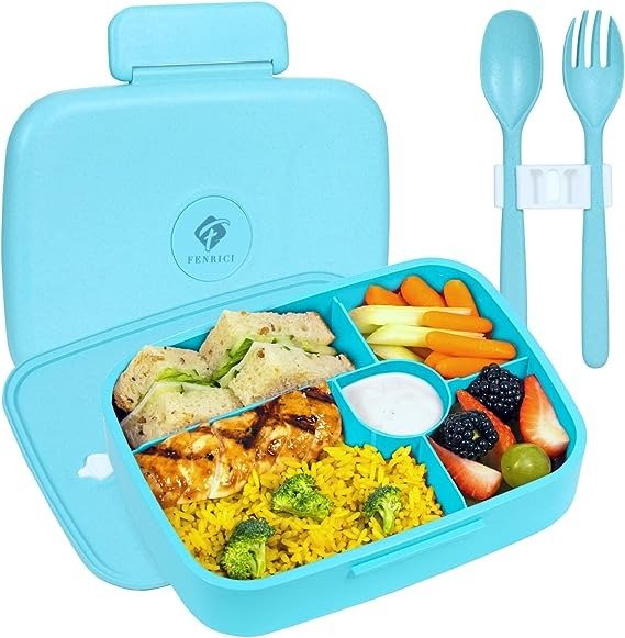Bento Box Lunch Box For Kids and Teens, Made with Wheat Straw, 5 Leakproof Compartments, BPA-Free Bento Box, Microwave and Dishwasher Safe, Pastel Blue, Blue