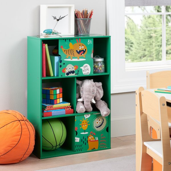 Monsters Kids Bookshelf, 3-Tier with 2 Sliding Doors