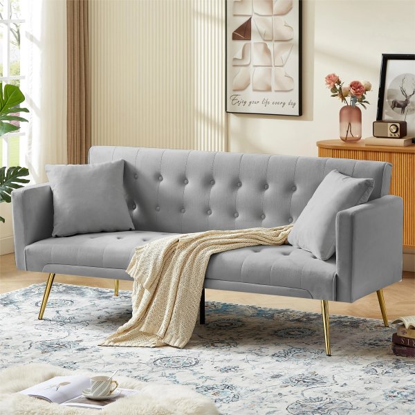 Velvet Futon Sofa Bed,Adjustable Convertible Folding Sleeper Couch Bed for Compact Living Spaces,Gray