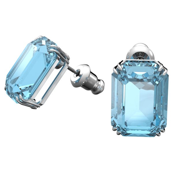 Millenia stud earrings, Octagon cut crystals, Blue, Rhodium plated by SWAROVSKI