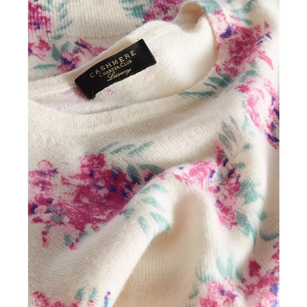Women's 100% Cashmere Floral Crewneck Sweater, Created for Macy's