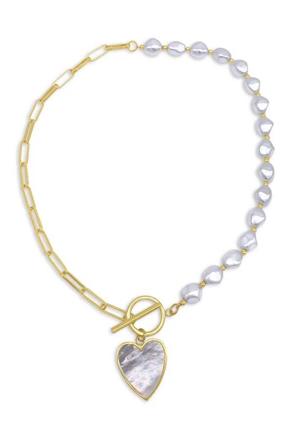 14K Yellow Gold Plated 10mm Pearl Heart Pendant Necklace