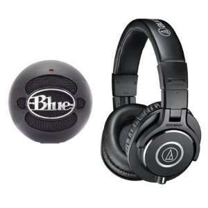 Audio-Technica ATH-M40x Pro Monitor Headphones, Black W/Blue Mic Snowball Mic