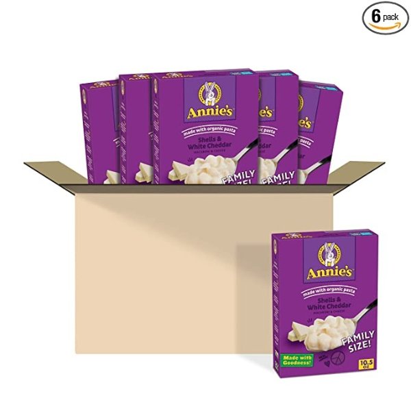Annie's Shells & White Cheddar Macaroni and Cheese, Family Size, 10.5 oz (Pack of 6)