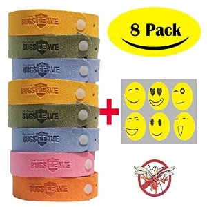 BUGSLEAVE Mosquito Repellent Bracelet,8 Pack and 12 patch Waterproof Bug Insect,BUGSLEAVE Non-Toxic Travel Insect Repellent, Safe Deet-Free Band, Soft Fiber Material For Kids & Adults, Keeps Insects & Bugs Away