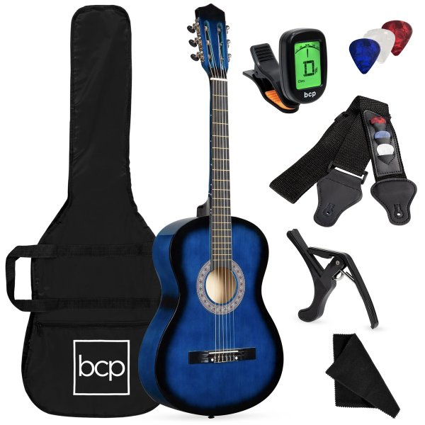 Beginner Acoustic Guitar Set with Case, Strap, Digital Tuner, Strings - 38in