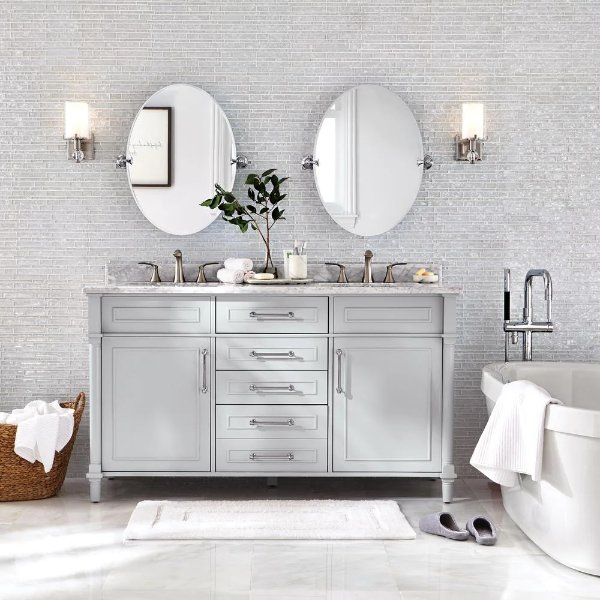 Aberdeen 60 in. W x 22 in. D Double Bath Vanity in Dove Grey with Carrara Marble Top with White Sinks