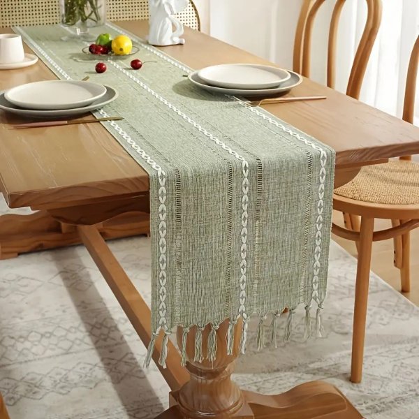 1pc Hand Woven Hollow Tassel Table Runner Home Country Style Tablecloth - Home & Kitchen - Temu