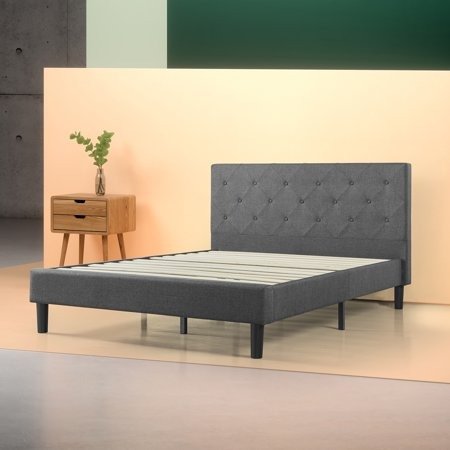 Zinus Shalini Upholstered Diamond Stitched Platform Bed, Dark Grey, Multiple Sizes