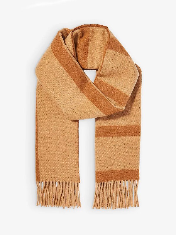 Monogrammed fringed-trim wool scarf