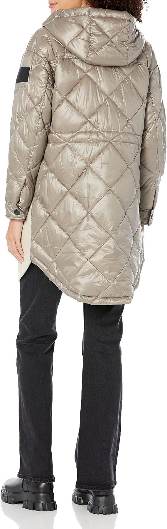 Women's Petite Hooded Faux Wool Mix Puffer Zip Up Jacket