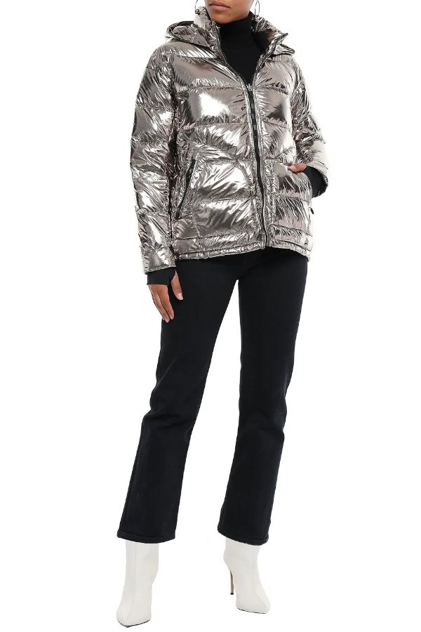 Metallic quilted shell hooded down jacket