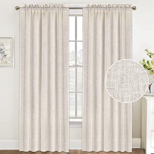Natural Linen Curtains 84 Inches Long Rod Pocket Semi Sheer Curtain Drapes Elegant Casual Linen Textured Window Draperies, Light Filtering Privacy Added Home Fashion 2 Panels, Natural