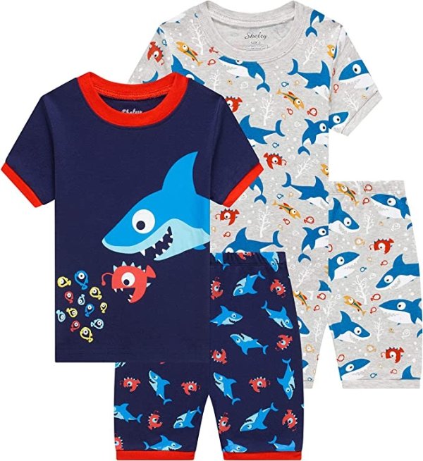 Shelry Little Boys Shark Pajamas Toddler Kids 4 PCs Summer Pjs Children Dinosaur Cotton Clothes
