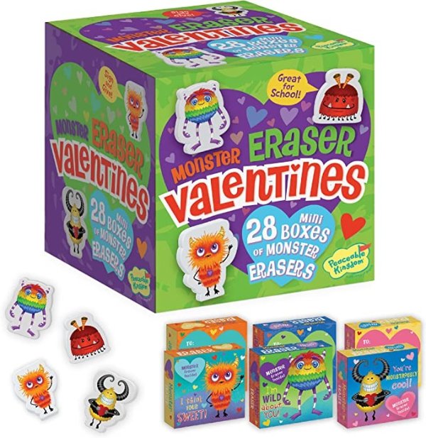 Valentines Day Cards for Kids with Toys, Monster Erasers Super Fun Pack Assortment, 28 Cards with Envelopes and Shaped Erasers