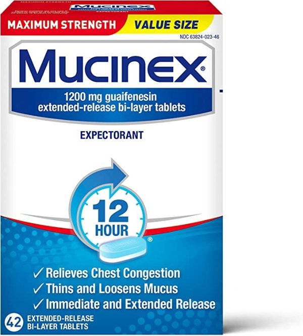 Chest Congestion Maximum Strength 12 Hour Extended Release Tablets Relieves Chest Congestion Caused by Excess Mucus(#1 Doctor Recommended OTC expectorant), 1200mg, 42 Count (Pack of 1)