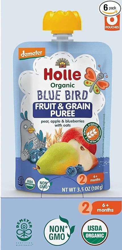 Organic Baby Food Pouches - Blue Bird Baby Puree with Pear, Apple, Blueberry & Oat - (6 Pack) Organic Baby Snacks + Fruit and Veggie Pouches for Weaning Babies 6 Months and Older