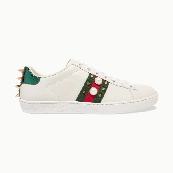 Ace faux pearl-embellished metallic watersnake-trimmed leather sneakers