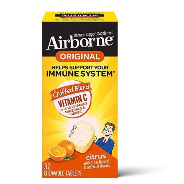Vitamin C 1000mg (per serving) - Airborne Citrus Chewable Tablets (32 count in a box), Gluten-Free Immune Support Supplement, With Vitamins A C E, ZINC, Selenium, Echinacea & Ginger, Antioxidants