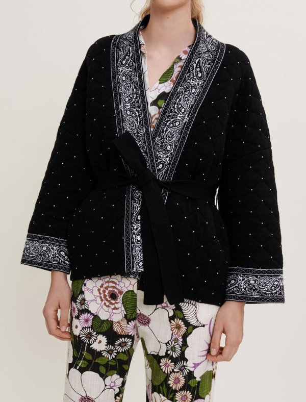 Belted jacquard cardigan with studs