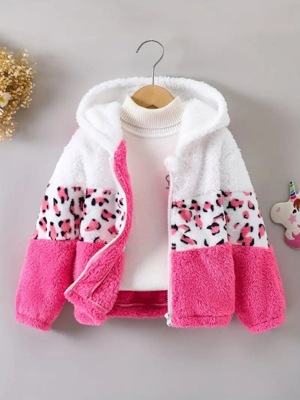 Stylish & Warm Girls Fuzzy Coat Contrast Color Stitching Leopard Print Hooded Jacket Coat