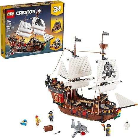 Creator 3 in 1 Pirate Ship Building Set, Kids can Rebuild The Pirate Ship into an Inn or Skull Island, Features 4 Minifigures and Shark Toy, Makes a Great Gift for Kids Ages 9+ Years Old, 31109