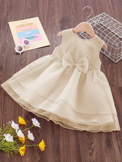 Toddler Girls Floral Embroidery Bow Front Organza Dress