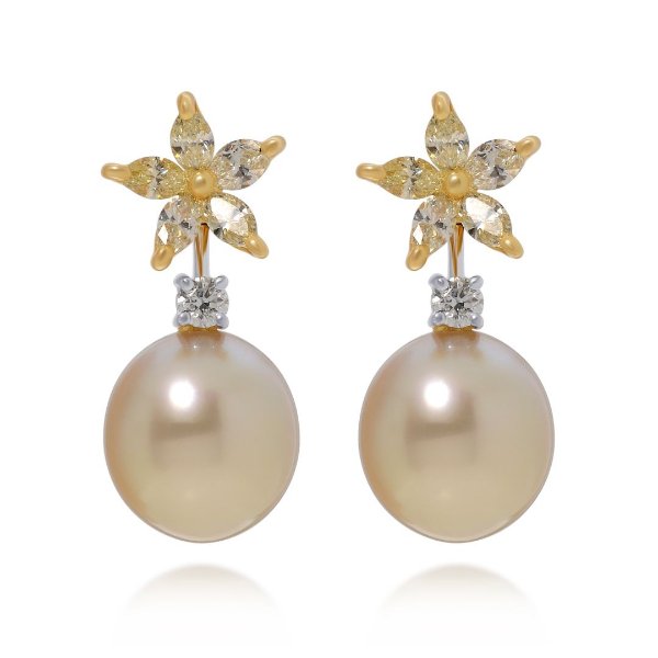 Assael 18K White Gold and 18k Yellow Gold Diamond 1.20ct. tw. and Golden South Sea Cultured Pearl 11.3mm - 12.2mm Drop Earrings